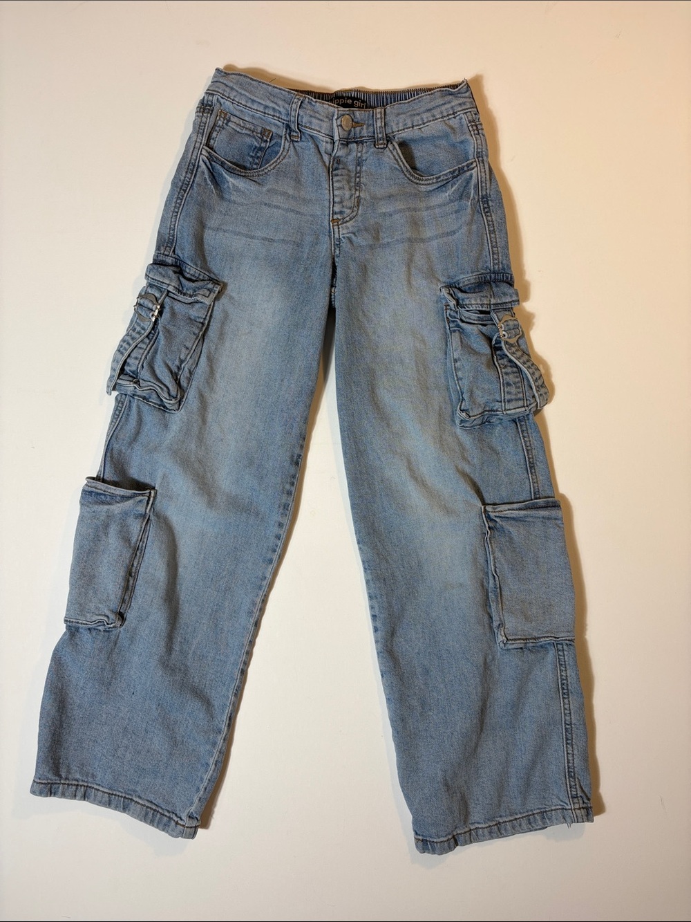 Hippie Girl Cargo Jeans Size 12 Light Wash Wide Leg Baggy Utility